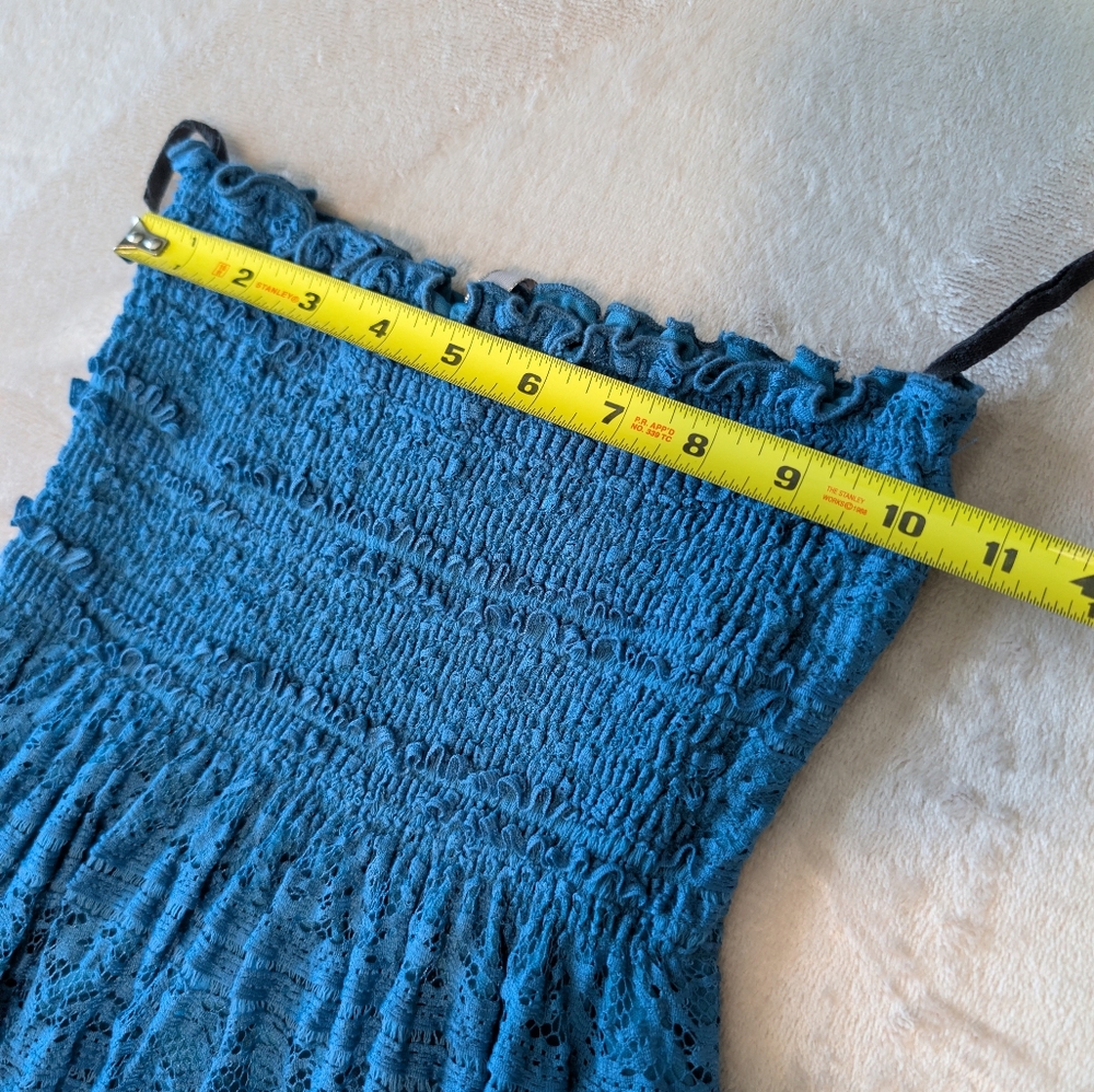 Teal Smocked Strapless Lace Boho Maxi Tube Dress Tiered Boho Hippie Blue Small - Picture 6 of 12